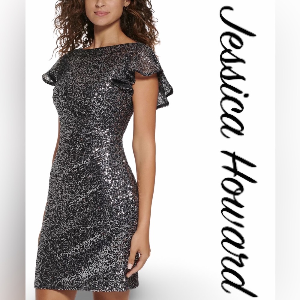 NWT $259 Jessica Howard Flutter Sleeve Sequin Dress